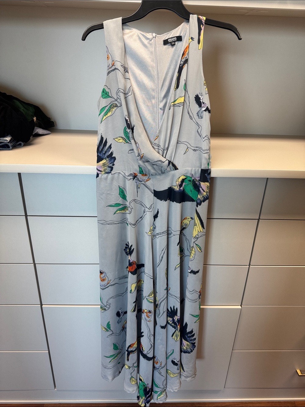 ASOS Light Gray Sleeveless Wrap jumpsuit with Multicolor Bird Print